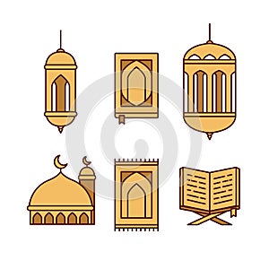 Yellow gold color ramadhan icon set with lantern lamp, al qur`an book, mosque, and prayer mat