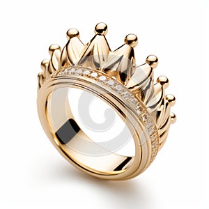 Yellow Gold Crown Ring With White Diamonds - High-key Lighting Style