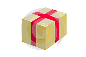 Yellow gold 3D gift box with decorative red pink ribbon and tied bow isolated. Vector gift icon present box.