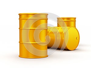 Yellow gold oil barrels isolated on white background. realistic 3d render