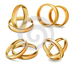 Yellow gold wedding rings and two bands realistic vector collection