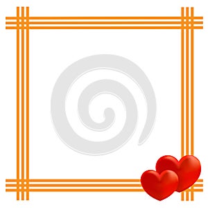 Yellow golden border frame with two red hearts valentine card design template