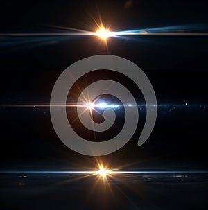 Yellow golden Optical Solar Light Lens Flare Effect Isolated On Black Background.