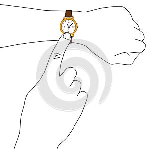 Yellow golden stylish watch with leather strap on hand