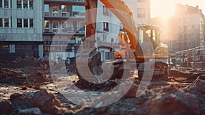 a yellow grader digs the ground at a construction site