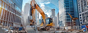 a yellow grader digs the ground at a construction site