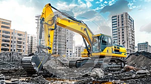 a yellow grader digs the ground at a construction site