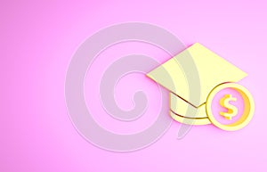 Yellow Graduation cap and coin icon isolated on pink background. Education and money. Concept of scholarship cost or