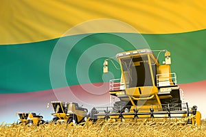 Yellow grain agricultural combine harvester on field with Lithuania flag background, food industry concept - industrial 3D
