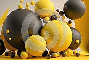 Yellow and gray balls of different sizes, abstract 3d background. Generative AI