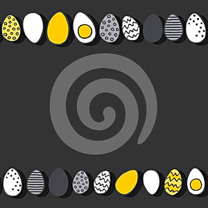Yellow gray Easter eggs in rows double horizontal border on dark