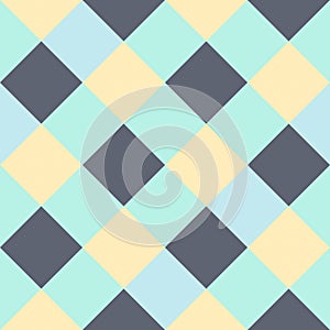 Yellow Gray Light Green Blue Large Diagonal Seamless French Checkered Pattern. Big Inclined Colorful Fabric Check Pattern