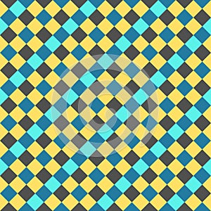 Yellow Gray Sky Blue Seamless Diagonal French Checkered Pattern. Inclined Colorful Fabric Check Pattern Background. 45 degrees