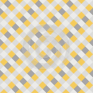 Yellow Gray White Seamless Diagonal French Checkered Pattern. Inclined Colorful Fabric Check Pattern Background. 45 degrees