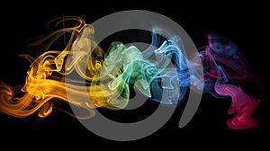 Yellow, green, blue, magenta smoke swirls on black background. Abstract wave of colorful smog. Creative background