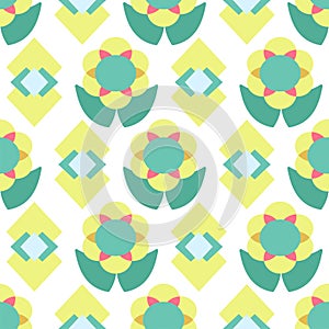 Yellow and green colorful vector seamless repeat floral graphic pattern with decorative diamond shapes photo