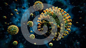 Yellow-Green COVID-19 Coronavirus Molecules on Blue Background - Influenza Virus Second Wave - Pandemic Outbreak Illustration