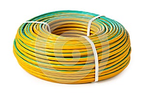 Yellow And Green Electrical Wire Roll On White Background