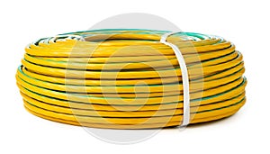 Yellow And Green Electrical Wire Roll On White Background