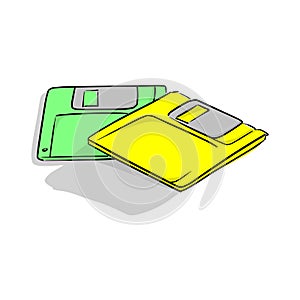 yellow and green floppy data storage diskette vector illustration sketch doodle hand drawn with black lines isolated on white