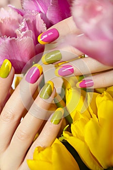 Yellow green French manicure.