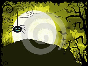 Yellow green Halloween background with scary spider