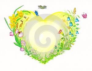 Yellow and green heart watercolor painting with spring related themes