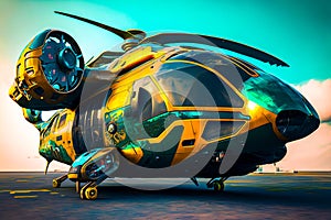 Yellow and green helicopter sitting on top of airport tarmac with sky background. Generative AI