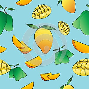 Yellow and green mango pattern seamless vector on blue sky color background