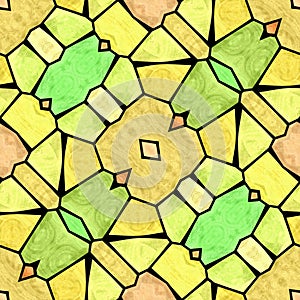 Yellow and green modern kaleidoscope pattern, seamless abstract background