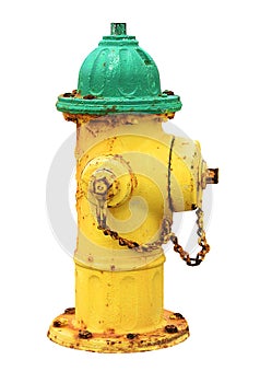 Yellow green old rusty american fire hydrant isolated on white background. Yellow and green hydrant water.