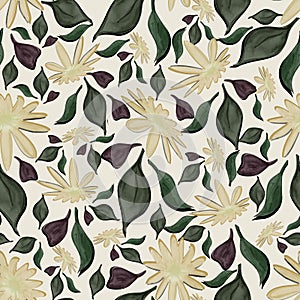 Yellow green olive abstract based seamless flower and leaves pattern