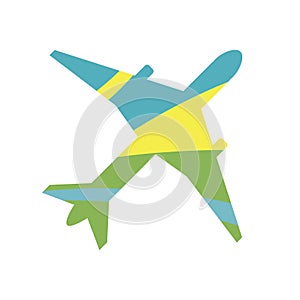 Yellow and green passenger plane or airplane in the sky isolated on white background for design, vector stock illustration with