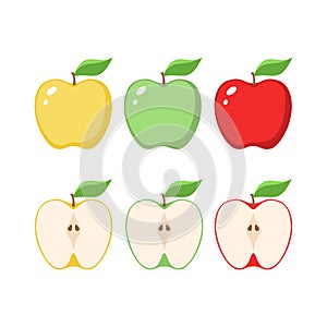 Yellow, green and red apples clipart cartoons. Sliced apple. photo