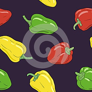 Yellow, green and red bell pepper seamless pattern. Vegetable harvest pattern.