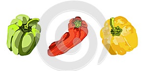 Yellow, green, red pepper, sweet paprika. Set with red, green, yellow pepper. Healthy food, natural product.