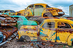 Yellow and green retro cars piled up in a scrapyard. Old damaged cars on the junkyard waiting for recycling