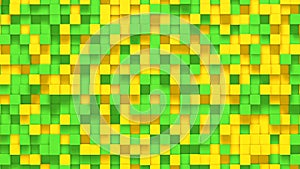 Yellow green small box cube random geometric background. Abstract square pixel mosaic illustration. Land block background. Fantasy