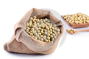 Yellow-green Taiwanese organic non-GMO soybeans, soy beans in a container isolated on white backgorund, close up, clipping path