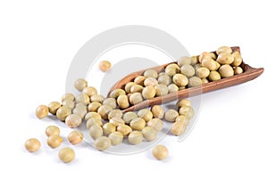 Yellow-green Taiwanese organic non-GMO soybeans, soy beans in a container isolated on white backgorund, close up, clipping path