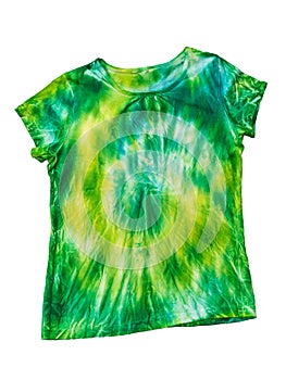 Yellow and green tie dye t-shirt isolated on a white background. Flat lay.