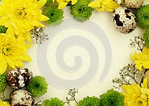 Yellow, green and white flowers with quail eggs on old paper