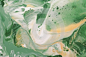 Yellow, green and white swirls of paint form silhouette of flying woman. Flow of colors on canvas. Abstract background