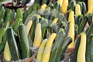 Yellow and green zucchini squash in a market