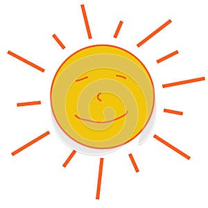 Yellow grinning relaxed sun face with sunbeams . Smiley children\'s drawing . Joyeful sunny sun .