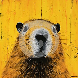 Yellow Groundhog Face Painting With Satirical Twist photo
