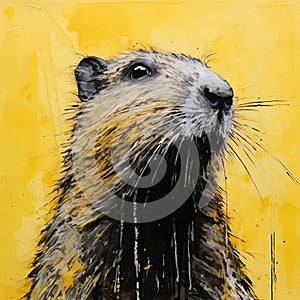 Yellow Groundhog Painting In Tanbi Kei Style - High-contrast Realism