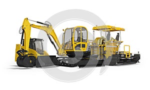 Yellow group of heavy machinery excavator mini paver loader 3d illustration on white background with shadow