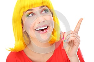 Yellow hair woman pointing up