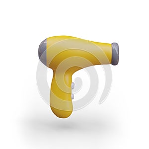 Yellow hairdryer, side view. Color realistic image. Electric device for drying hair